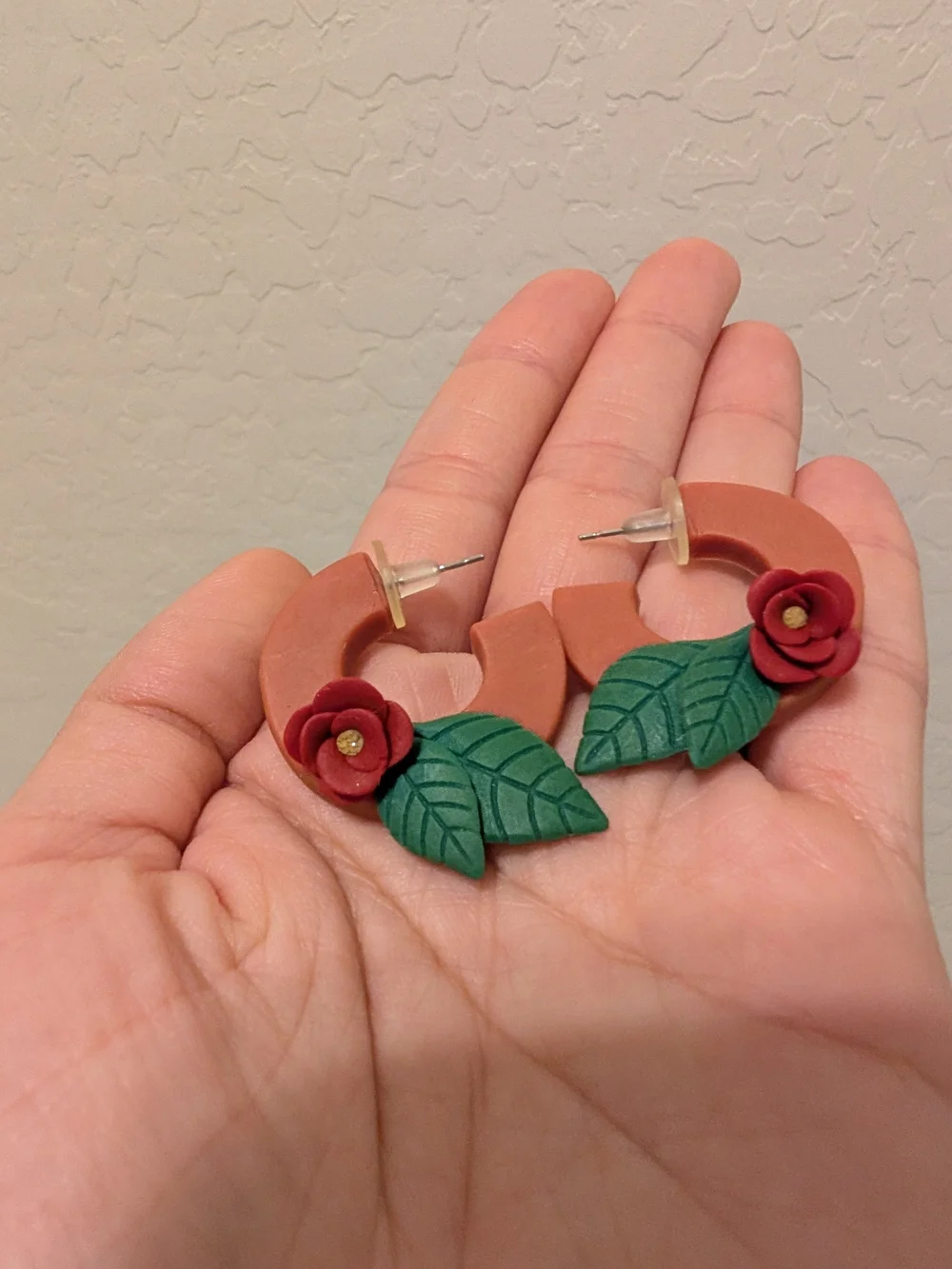 Handcrafted Terracotta Hoop Earrings with Red Flower & Green Leaves - NWOT
